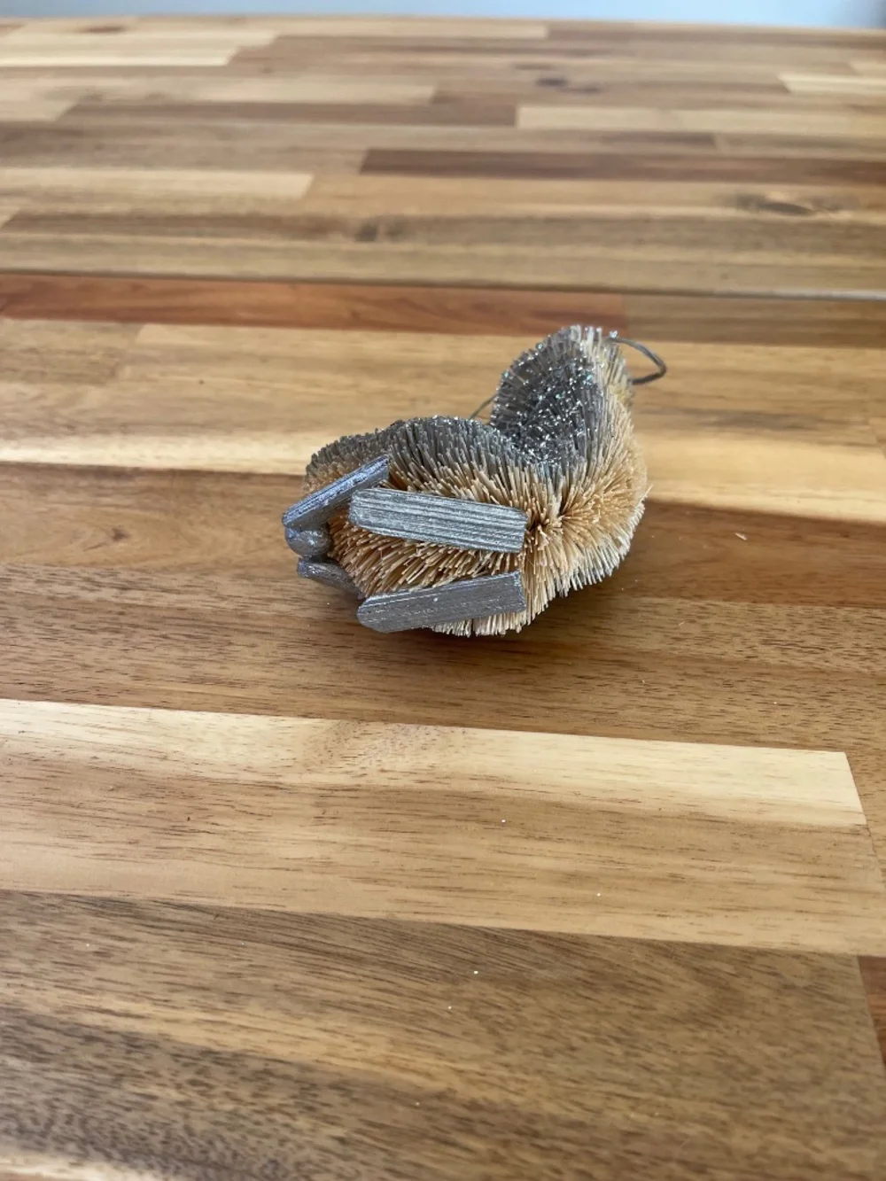 Crate & Barrel - Trio of silver bottlebrush ornaments - Sloth, Owl, and Squirrel
